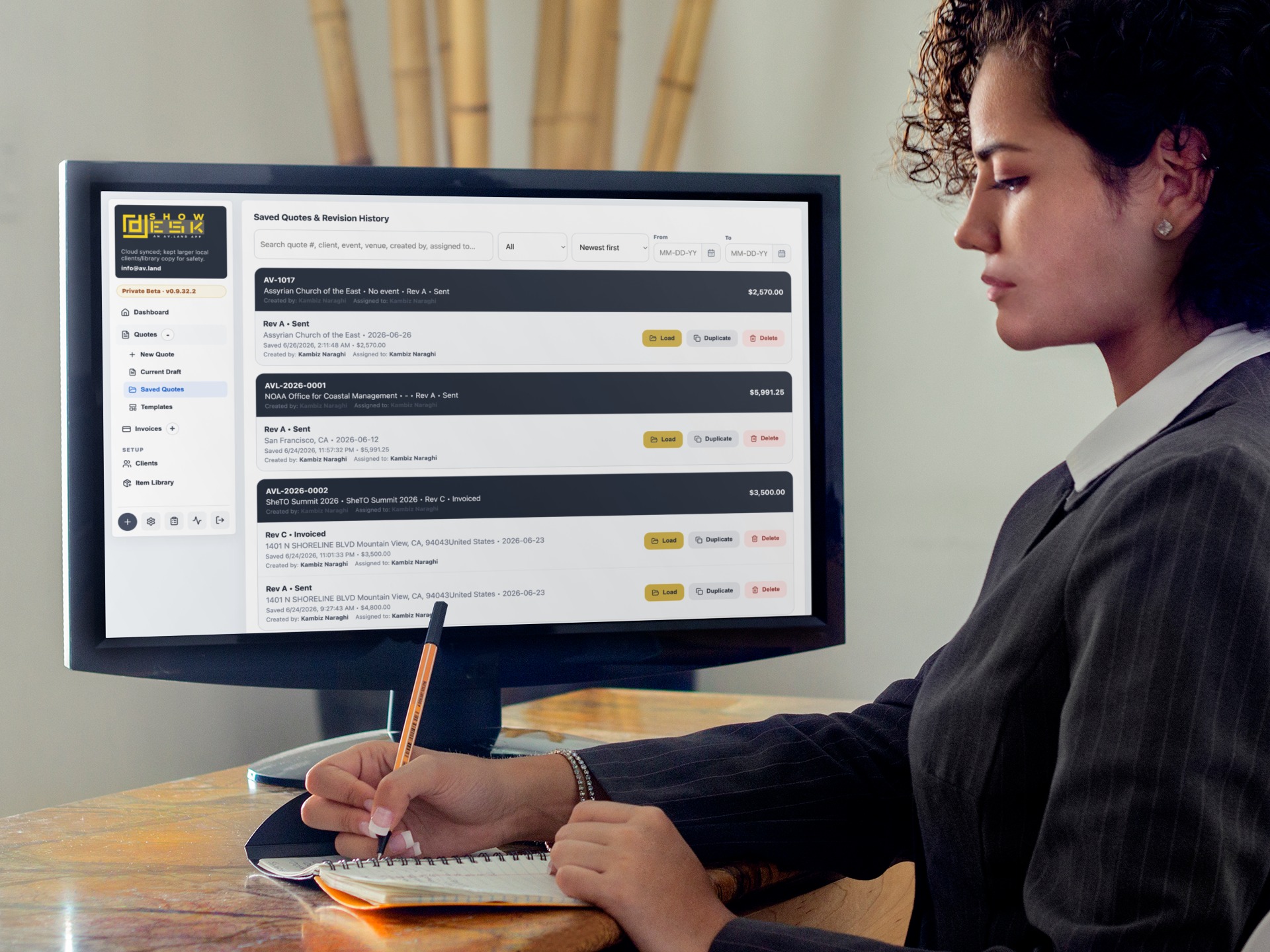 ShowDesk AV quoting app on desktop monitor
